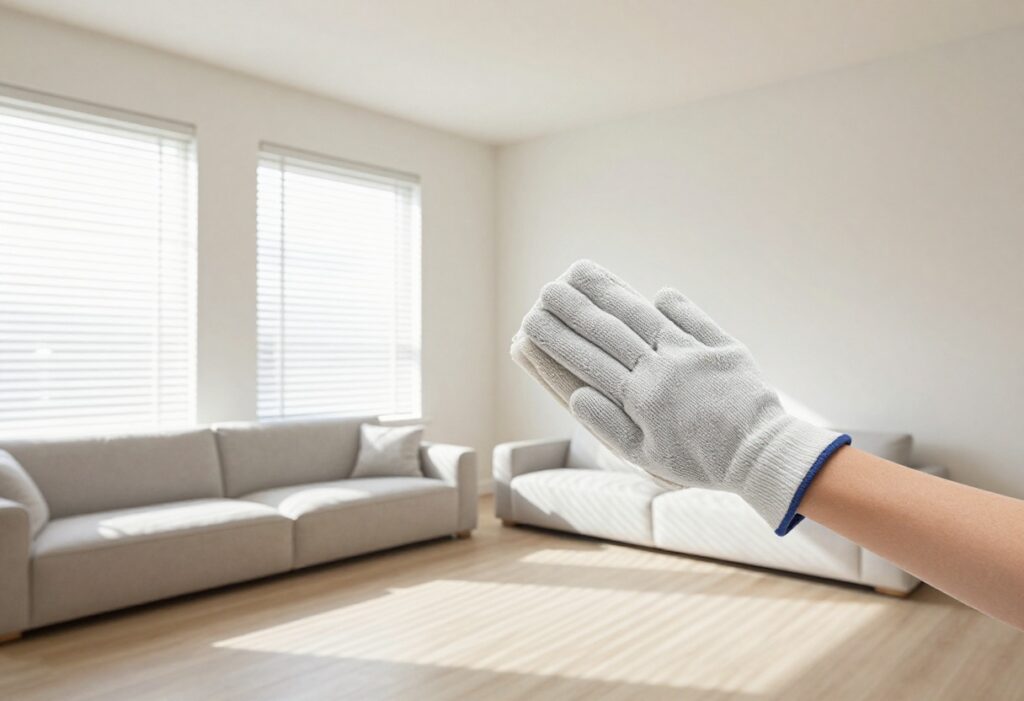 Person cleaning horizontal blinds with a microfiber glove in a sunlit room