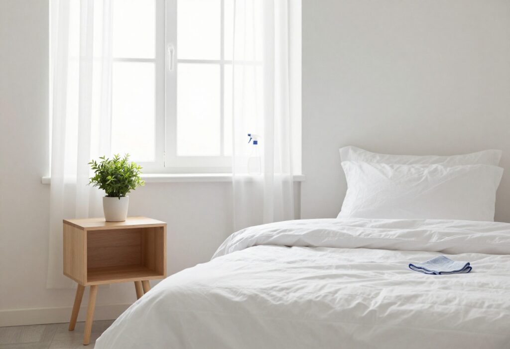A clean, organized bedroom with a made bed, natural light, and a tidy nightstand, representing a refreshed space after cleaning.