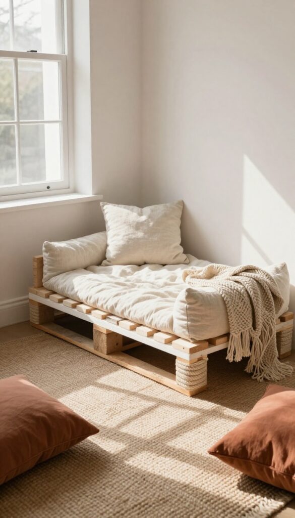 DIY pallet dog bed with macrame rope wrapped legs, plush cushion, boho living room setting