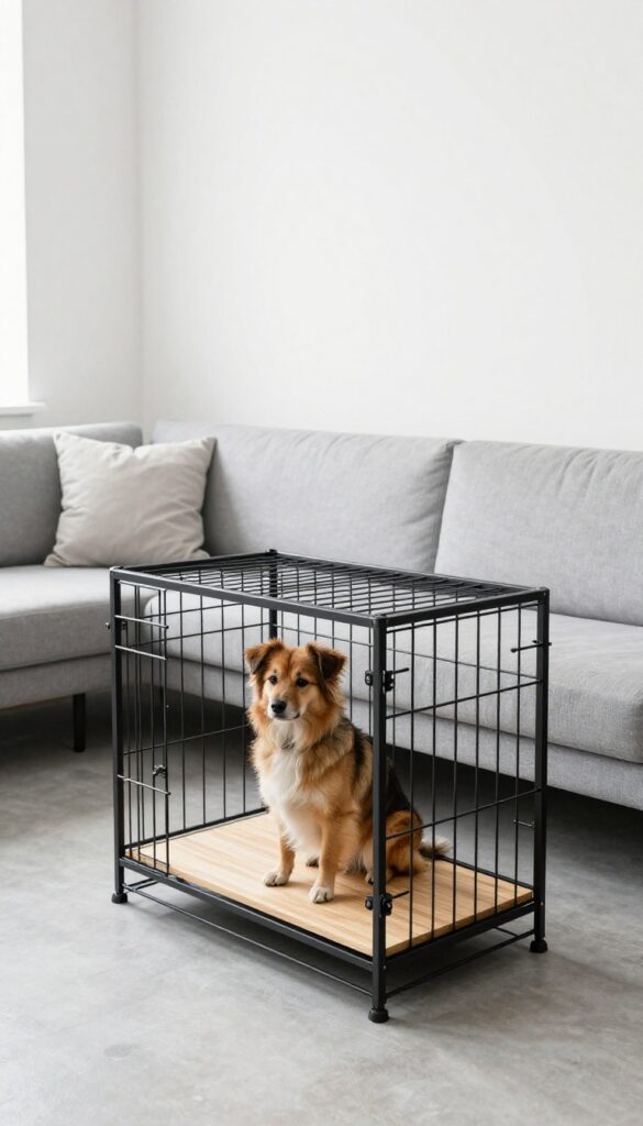 Minimalist metal and wood dog crate in an industrial chic living room