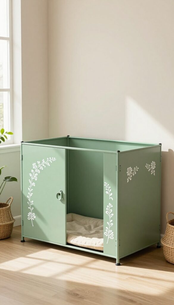 Painted dog crate with stenciled floral patterns in a bright living room