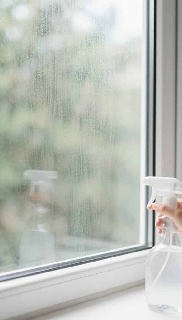 Cleaning a tinted window with baby shampoo solution, microfiber cloth and spray bottle on windowsill