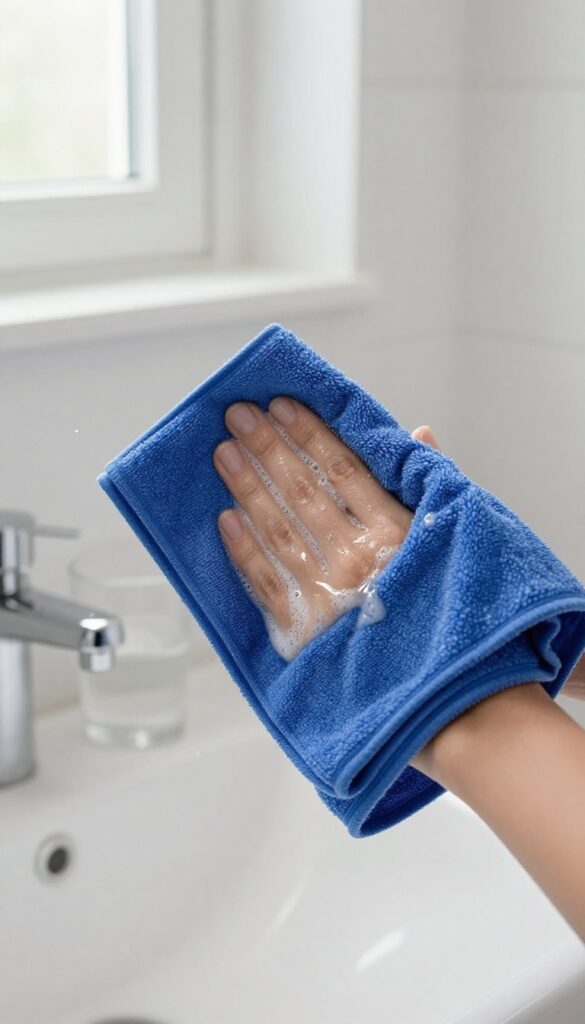 A person wiping a bathroom mirror with a microfiber cloth, achieving a streak-free finish.
