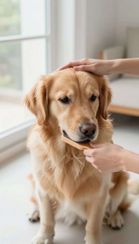 Dog grooming at home: brushing a Golden Retriever's coat in sections with a comb and brush in natural light.