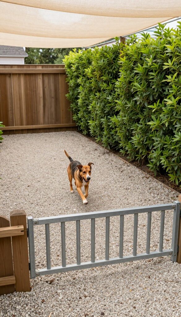 Narrow side yard dog run along fence line with gravel surface, shade sail, and shrubs.