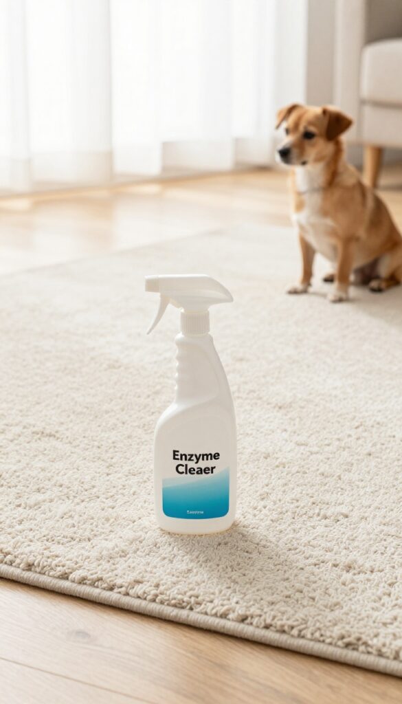 Enzyme cleaner spray bottle on floor next to a clean carpet and a dog