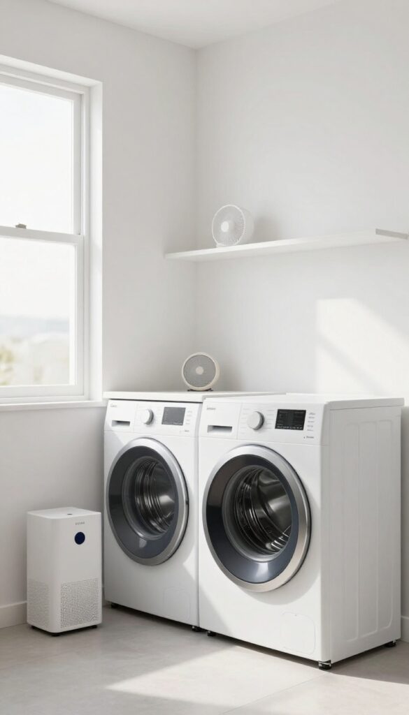Clean laundry room with front loader washer, dehumidifier, and fan, dry floor, bright natural light