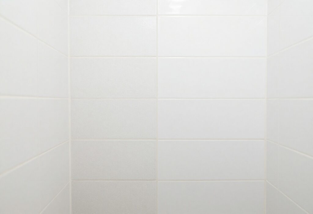 Close-up of shower tile grout before and after cleaning, showing dirty gray lines on left and bright white lines on right.