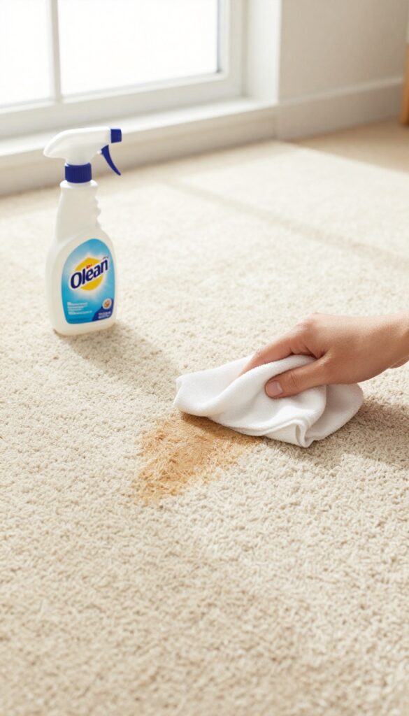 A hand blotting a carpet stain with a cloth, next to an OxiClean spray bottle, in bright natural light.