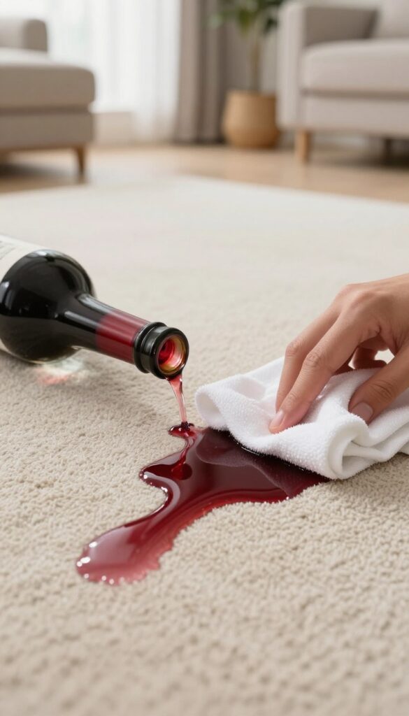 Club soda being used to clean a red wine spill on a carpet