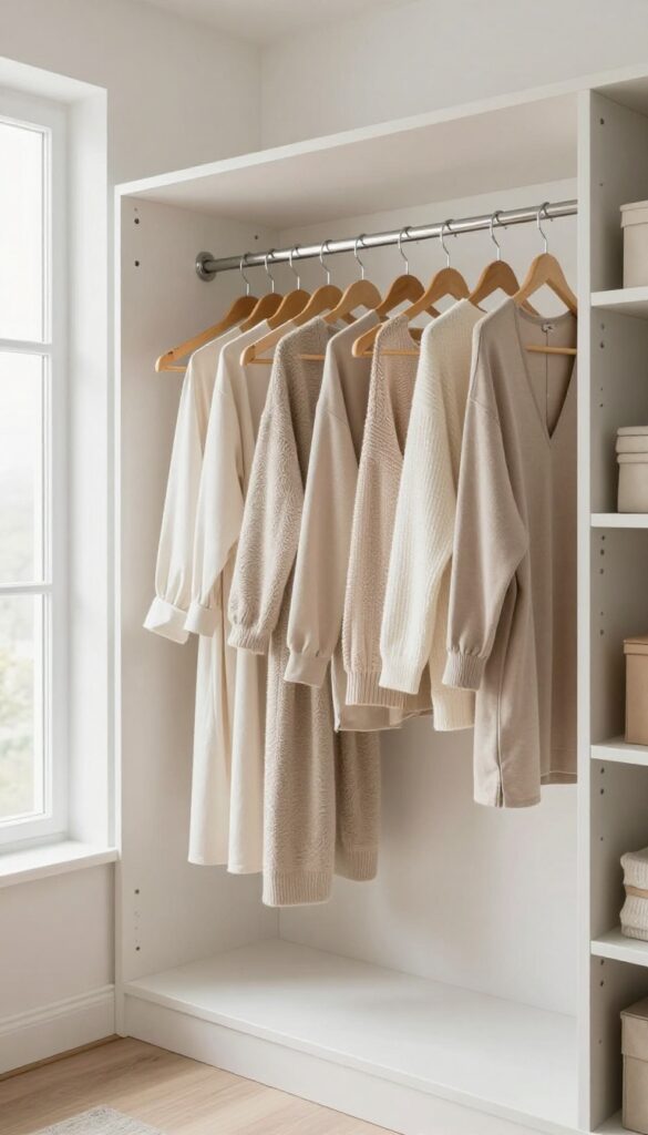 Closet with reverse hanger trick: some hangers turned backward to track which clothes are worn.