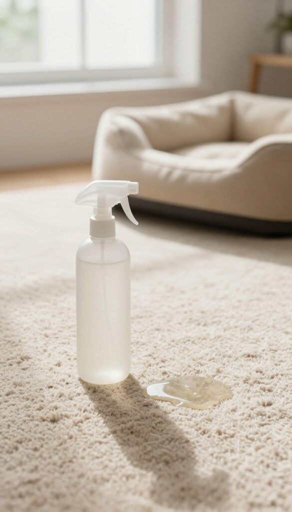 Enzyme cleaner spray bottle on clean carpet with pet bed in background