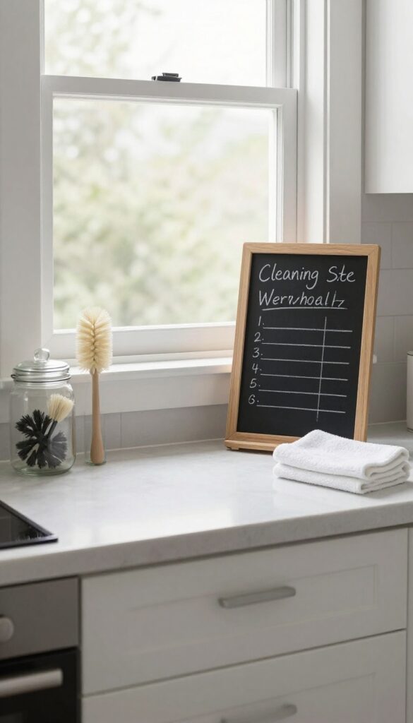 Weekly cleaning schedule on a chalkboard in a bright kitchen