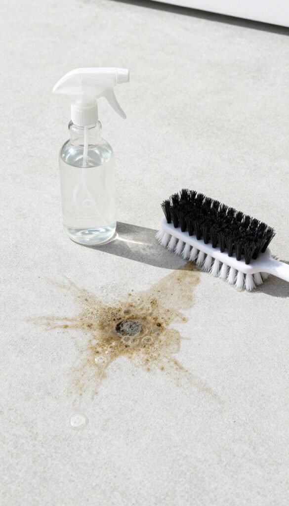 Concrete floor with organic stain, hydrogen peroxide spray bottle, and scrub brush in natural light