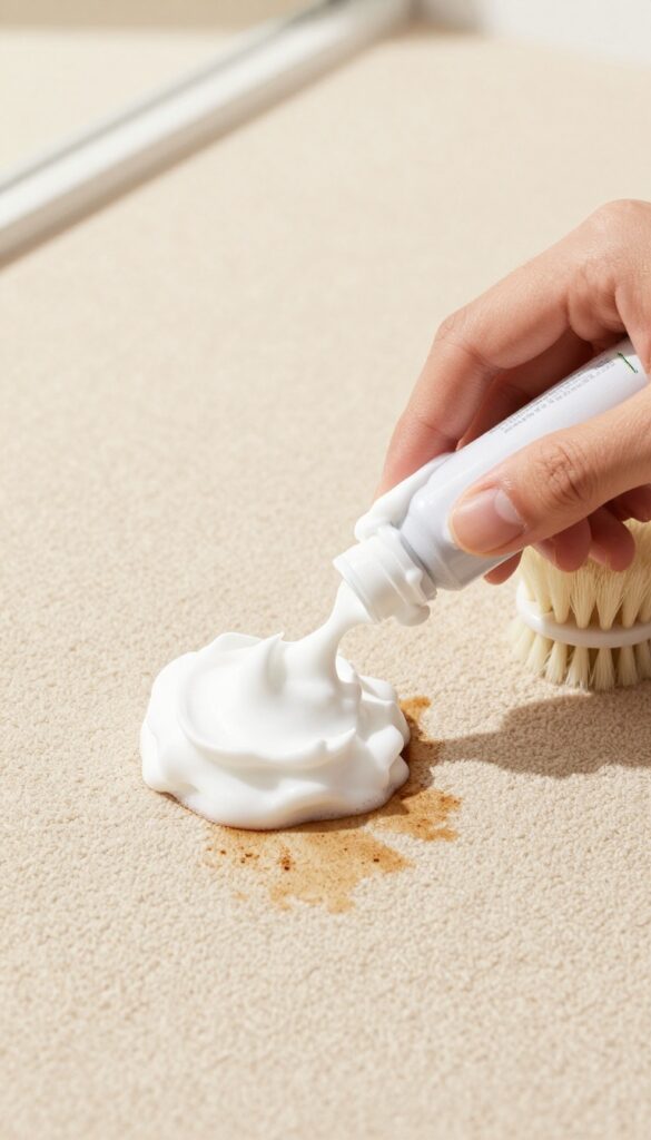 Hand applying shaving cream to a coffee stain on a beige carpet with a soft brush nearby, natural lighting.