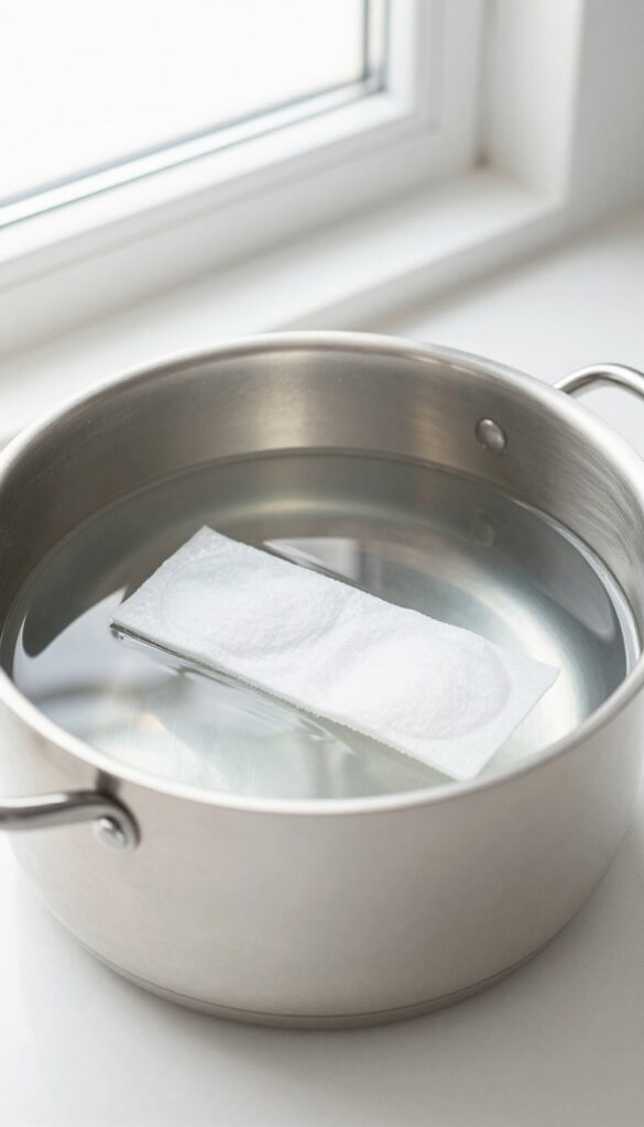 Dryer sheet soaking in a pot of warm water to clean burnt residue