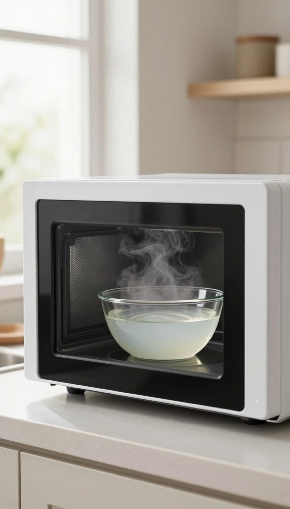 A clean microwave interior with a steaming bowl of vinegar water inside, soft natural light, photorealistic style.