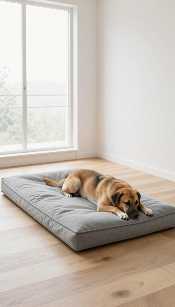Low-profile memory foam dog mat in a modern minimalist apartment