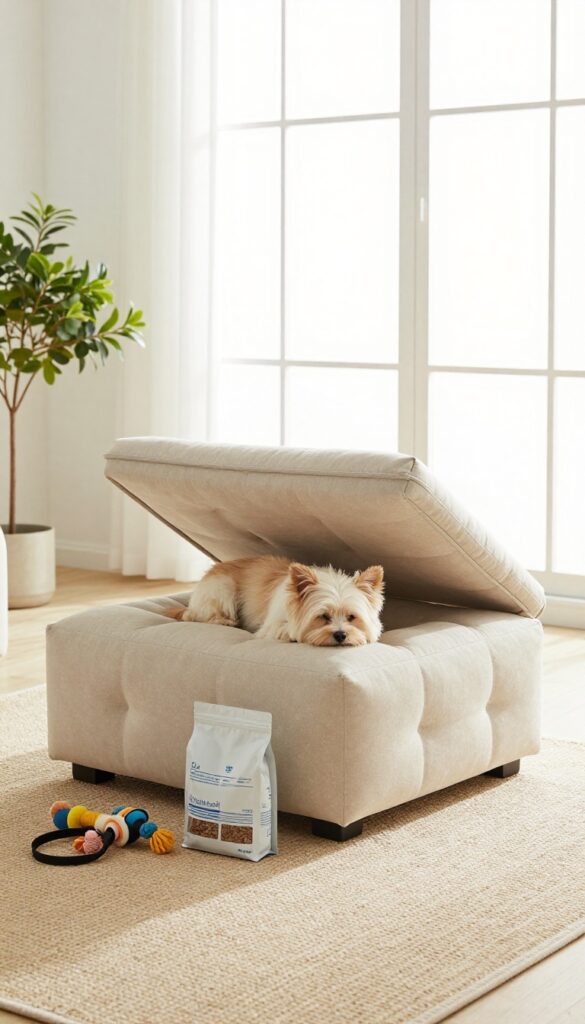 Ottoman dog bed with hidden storage, dog sleeping inside, stylish living room decor