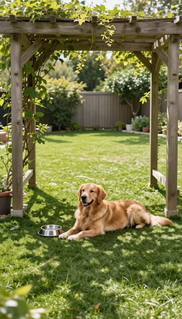Shaded dog run with pergola and climbing plants, golden retriever resting on artificial turf