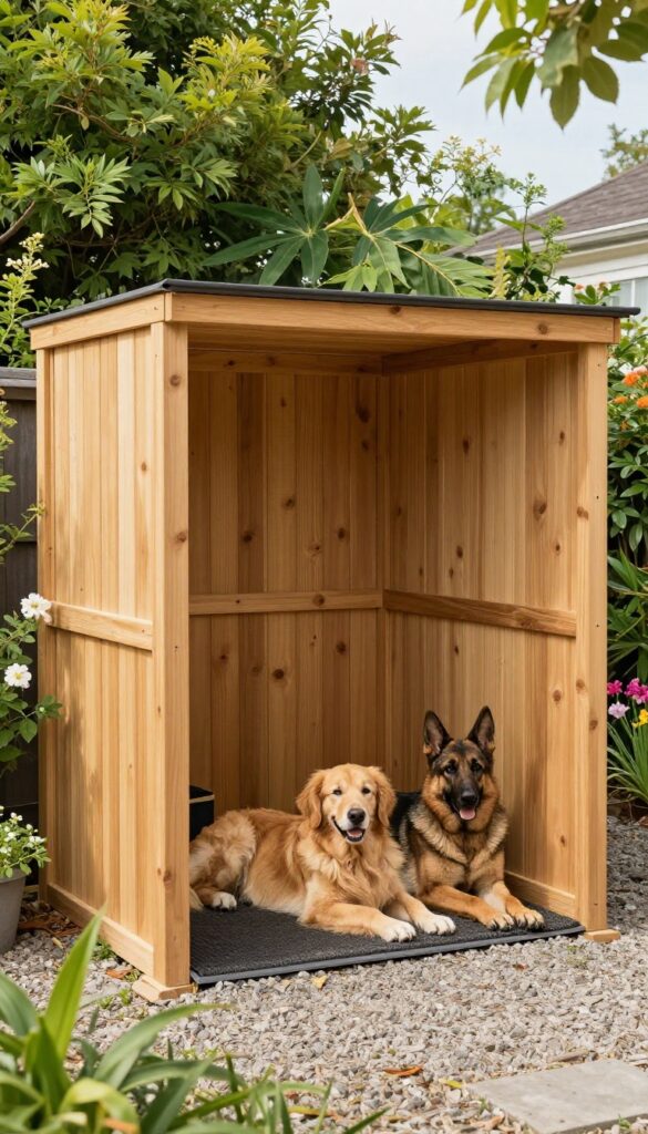 Custom wooden privacy kennel for multiple dogs in a backyard with cedar panels, gravel base, and two dogs resting inside