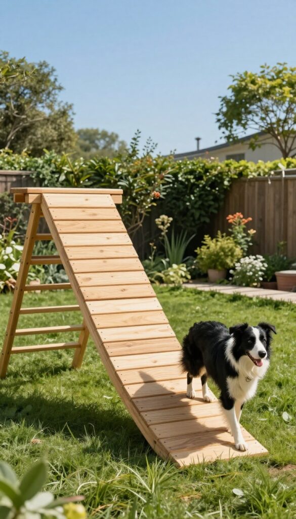 Backyard climbing structure for agile dogs with A-frame and ramp on grass