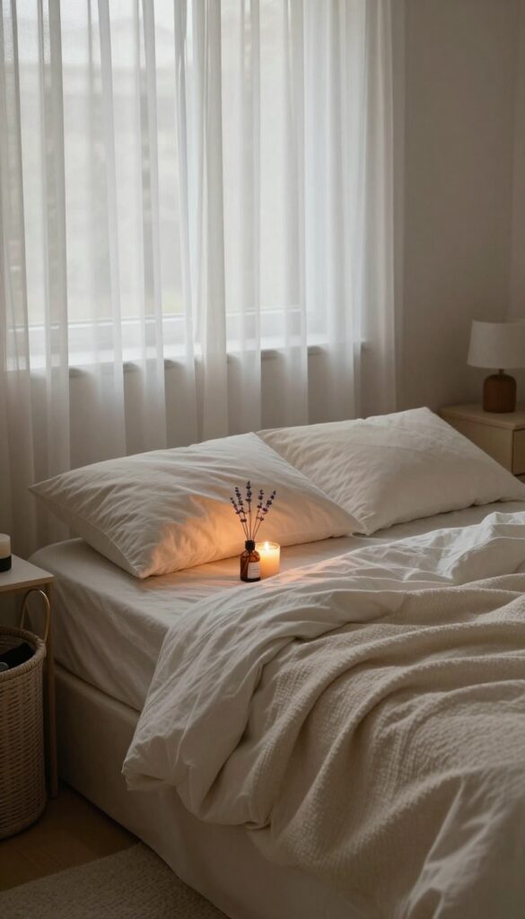 Nightly reset routine in a clean bedroom with bed made, items put away, and calming ambiance.