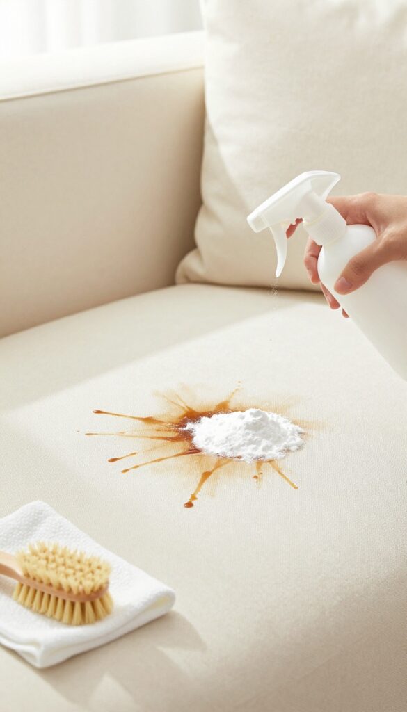 Baking soda and vinegar being applied to a fresh stain on a fabric couch cushion