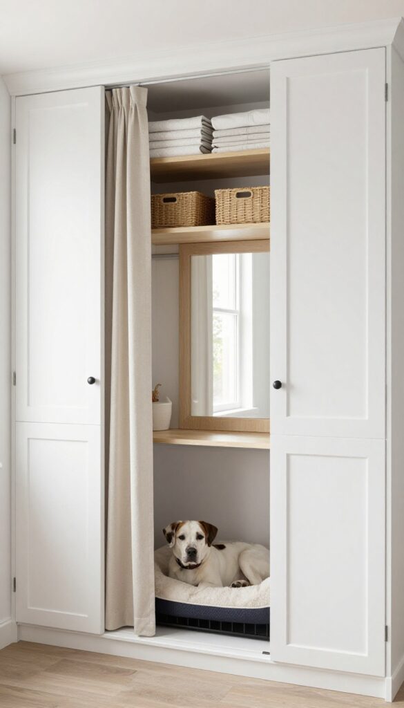 Custom closet crate insert with curtain hiding dog crate, shelf above for storage, bright natural light, tidy home office closet