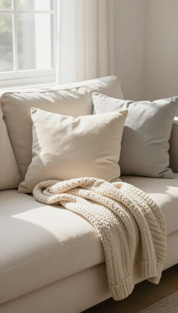Cozy living room sofa with fluffed throw pillows and a draped blanket in natural light