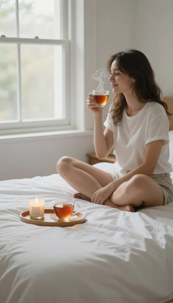 Person sitting on a clean bed enjoying tea and candlelight after cleaning the room