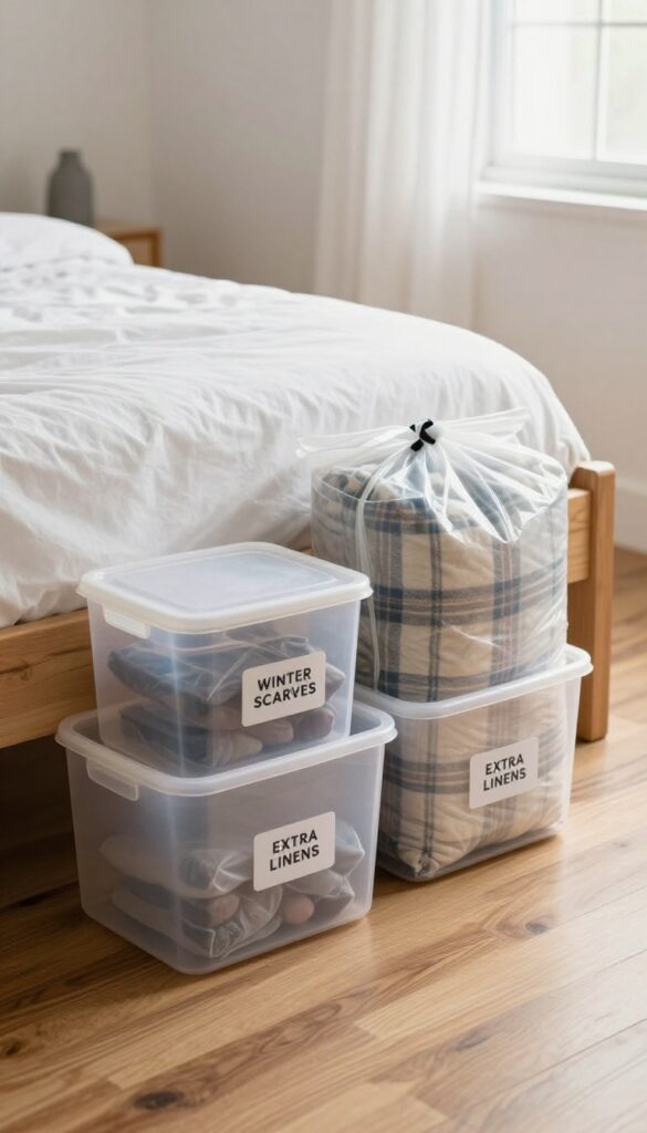 Under-bed storage with clear labeled bins and vacuum-sealed bags on hardwood floor, bright natural light.