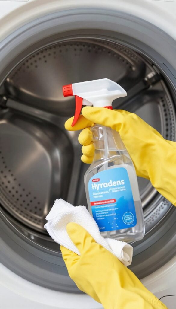 Hand wiping washing machine drum with hydrogen peroxide and cloth
