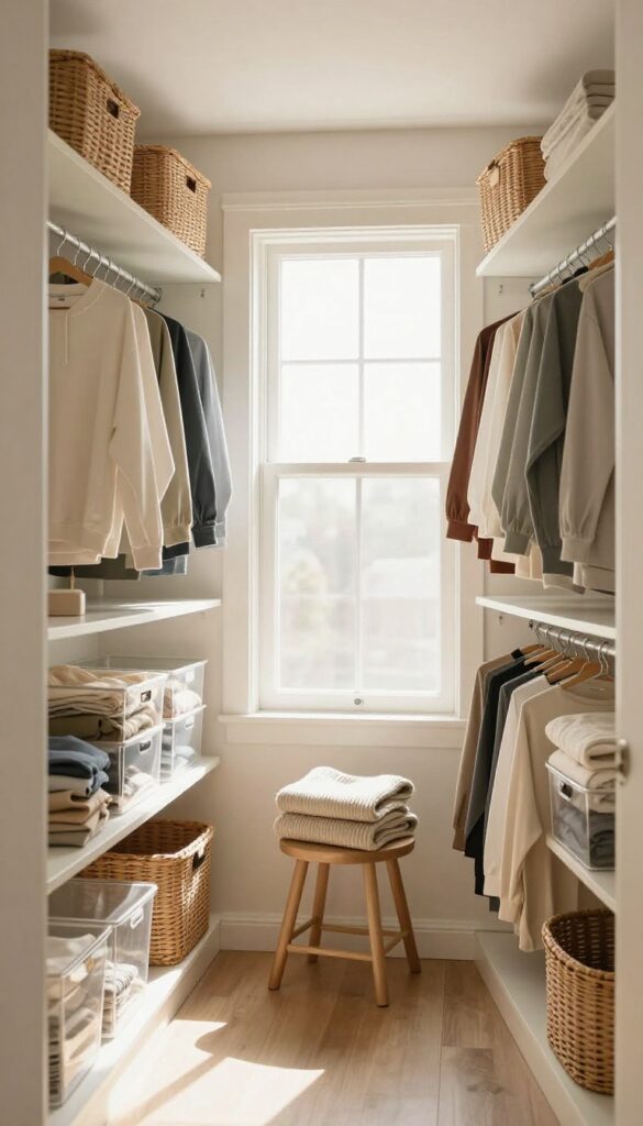 Organized walk-in closet with neatly hung clothes, clear bins, and woven baskets in natural light