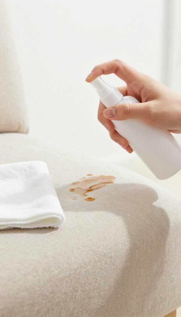 Person spraying hairspray on an ink stain on a microfiber couch