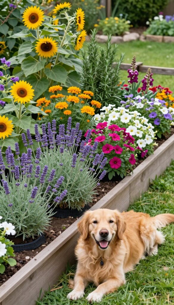 Dog-safe plants and borders in a sunny backyard with raised beds and a resting dog.