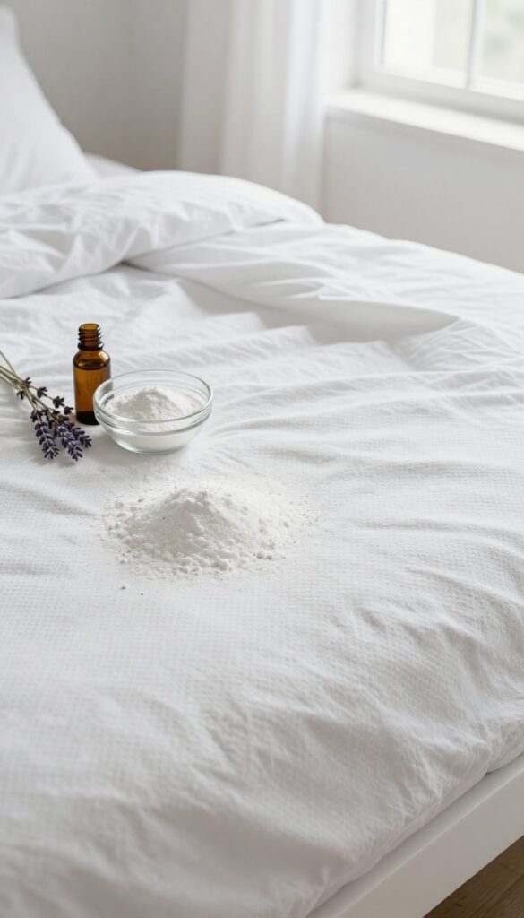 Baking soda and essential oils sprinkled on a mattress for freshening