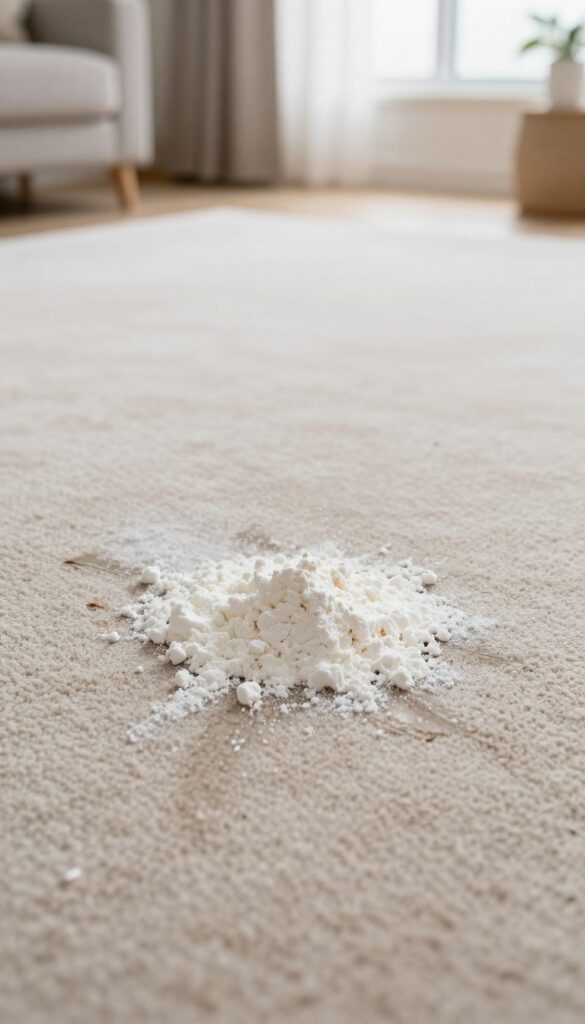 Cornstarch sprinkled on a fresh grease stain on a light beige carpet in a sunlit living room.