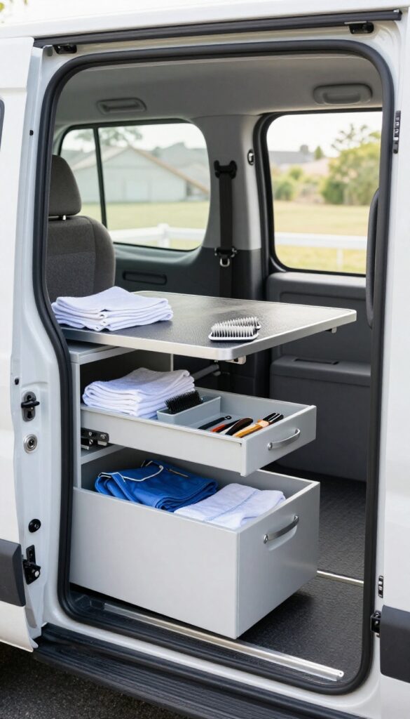 Mobile dog grooming van with sliding drawers under grooming table for storage of towels and grooming supplies