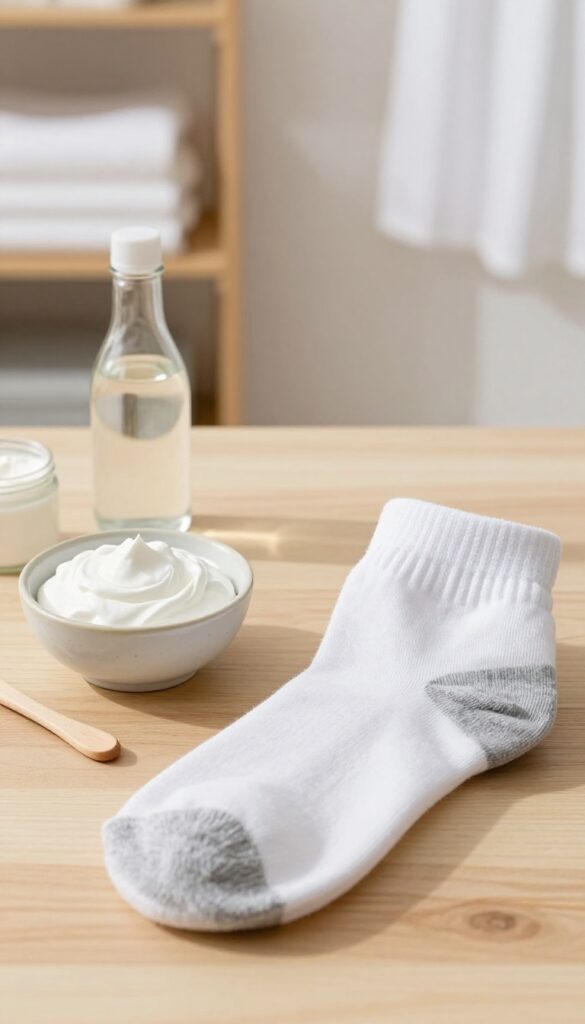 White socks with gray patches next to cream of tartar and vinegar paste on a wooden surface