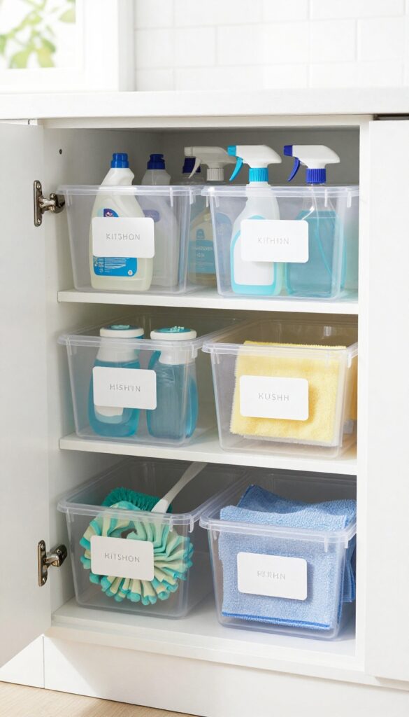 Clear plastic bins with labels organizing cleaning products inside a kitchen cabinet