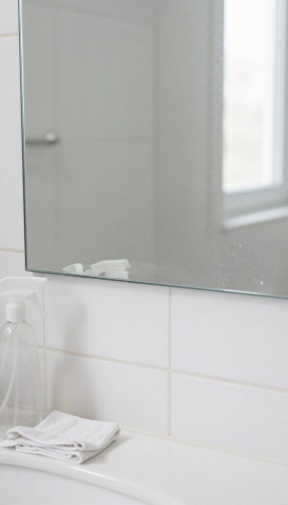 DIY glass cleaner spray bottle and microfiber cloth next to a smudged bathroom mirror, natural light, clean composition