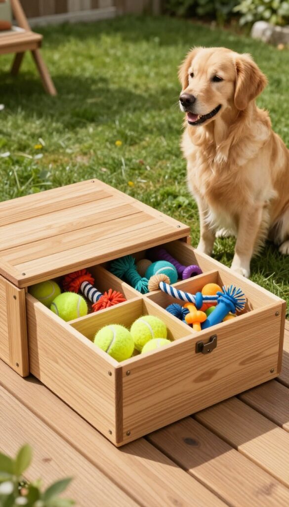Dog toy storage station in backyard with organized toys and a dog nearby
