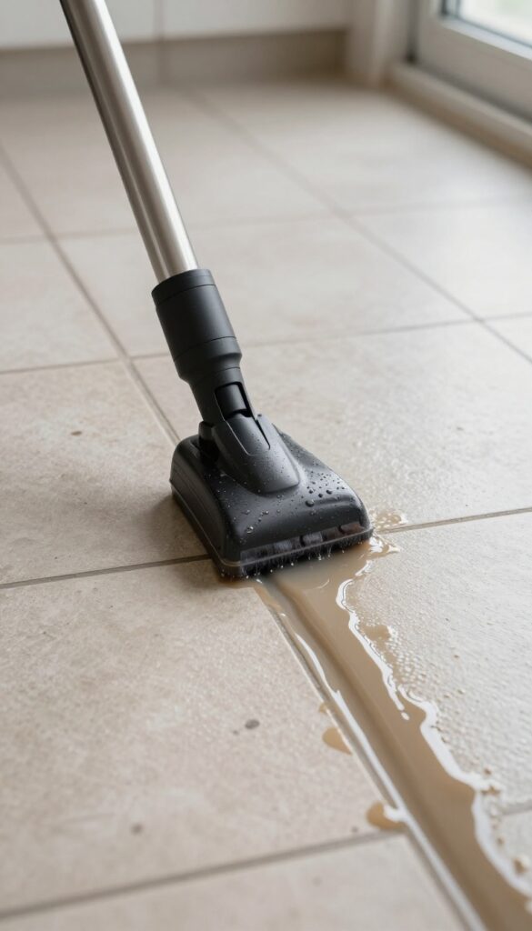 Close-up of a wet/dry vacuum crevice tool cleaning dirty water from grout lines on a tile floor.
