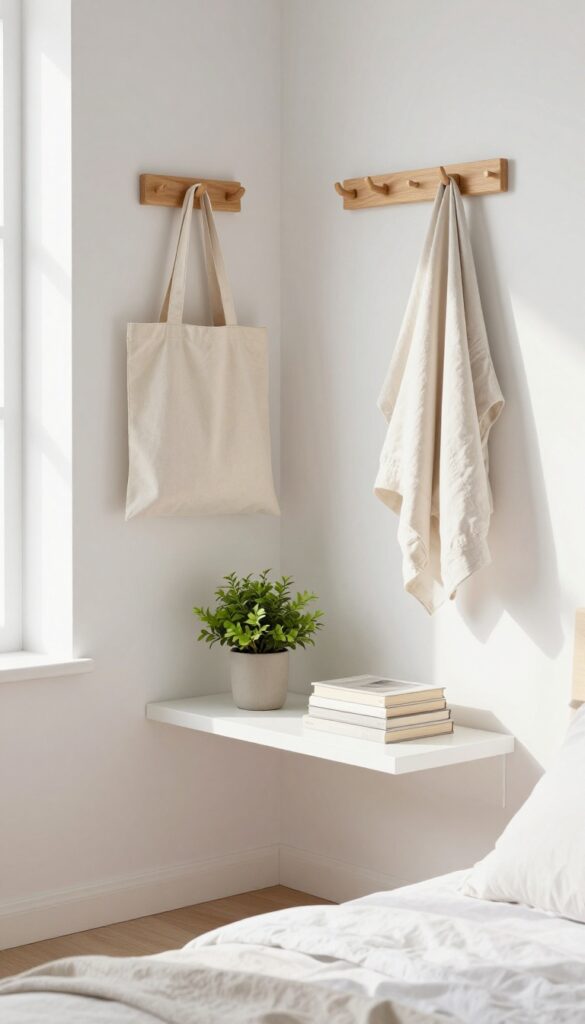 Vertical storage in a bedroom with floating shelf and hooks, bright natural light