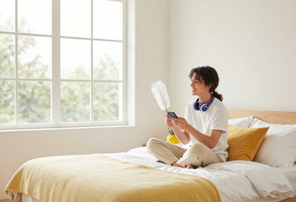 Person smiling while cleaning a bright, organized bedroom with music playing.