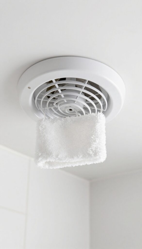 Close-up of a dusty bathroom vent fan cover with a microfiber duster nearby, ready to clean.
