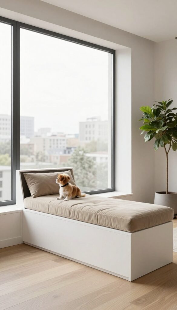 Custom-built window seat bench with cushion for dog, modern urban interior