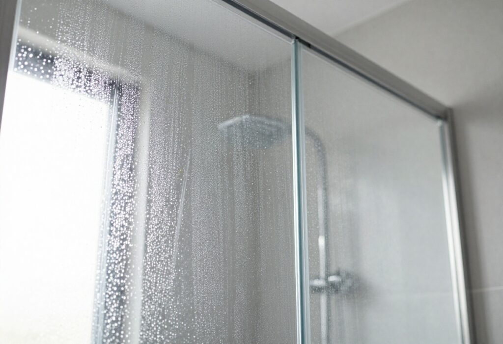 Sparkling clean shower glass door with water beading