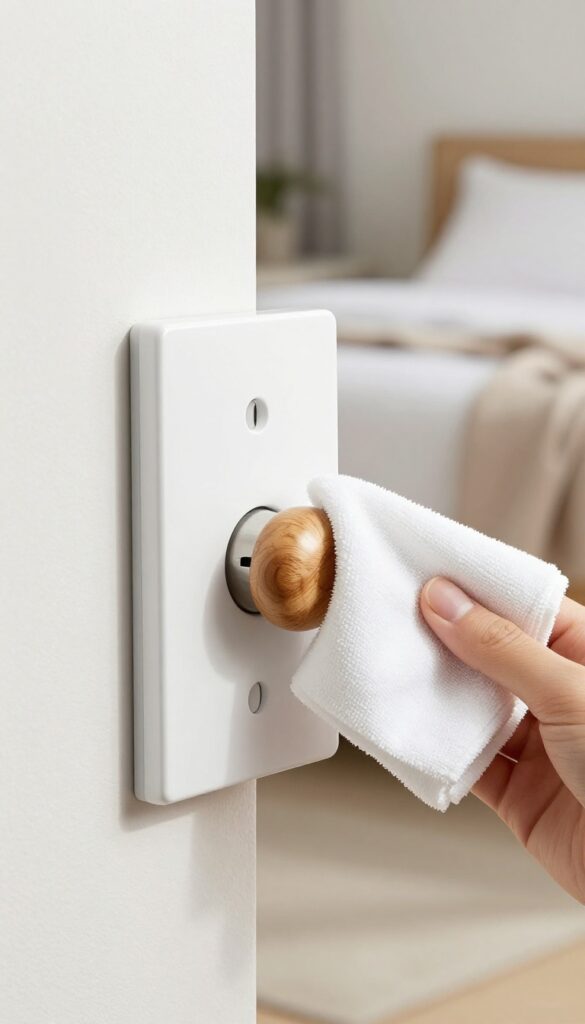 Wiping a light switch and doorknob with a microfiber cloth in a bright, clean bedroom
